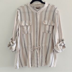 Chico’s Lined Blend Boho Striped Shirt Pockets Roll Up Sleeves Sz XL But…
